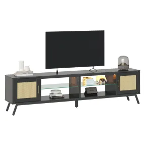 Bestier 80 Inch Black Rattan Mid Century TV Stand with Storage