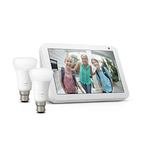 Echo Show 8, Sandstone Fabric   Philips Hue White Smart Bulb Twin Pack LED (B22) | Bluetooth & ZigBee compatible (no hub required)